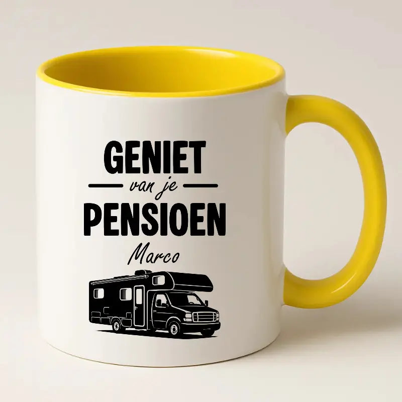 Geniet van je Pensioen – Mok met naam en Camper