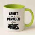 Geniet van je Pensioen – Mok met naam en Camper