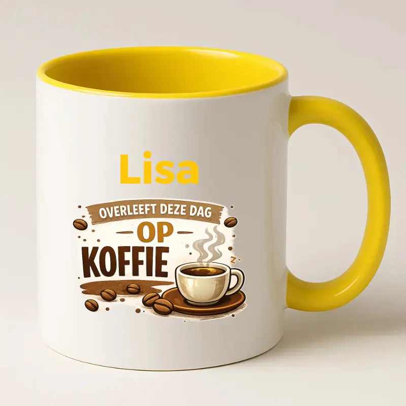 Grappige Koffiemok met Naam – (Naam) Overleeft deze dag op Koffie