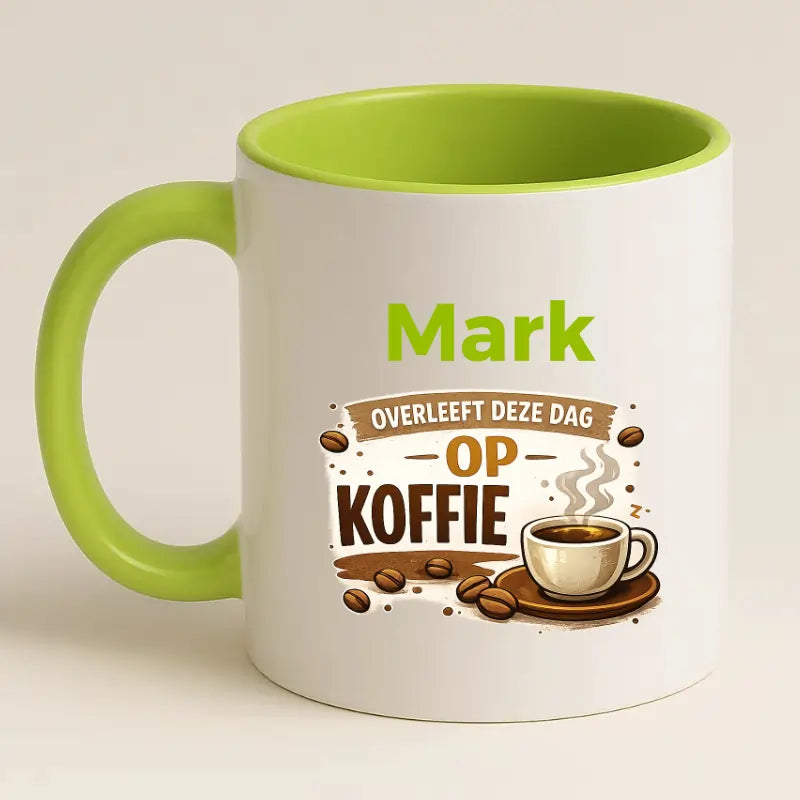 Grappige Koffiemok met Naam – (Naam) Overleeft deze dag op Koffie