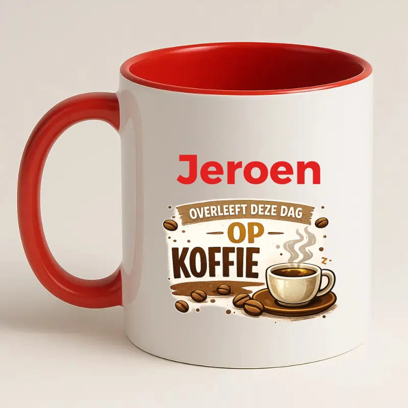 Grappige Koffiemok met Naam – (Naam) Overleeft deze dag op Koffie