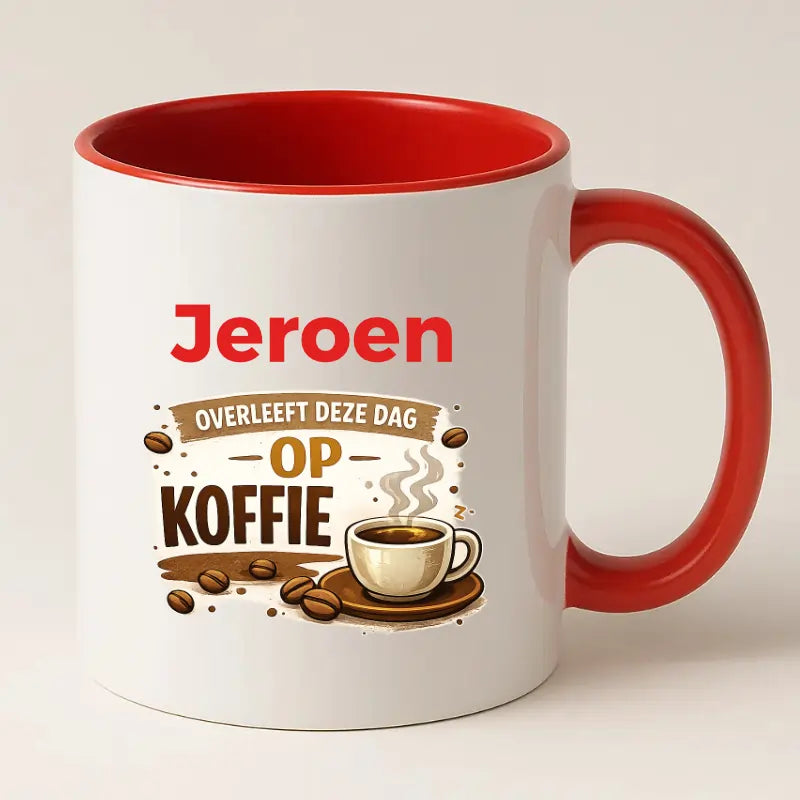 Grappige Koffiemok met Naam – (Naam) Overleeft deze dag op Koffie
