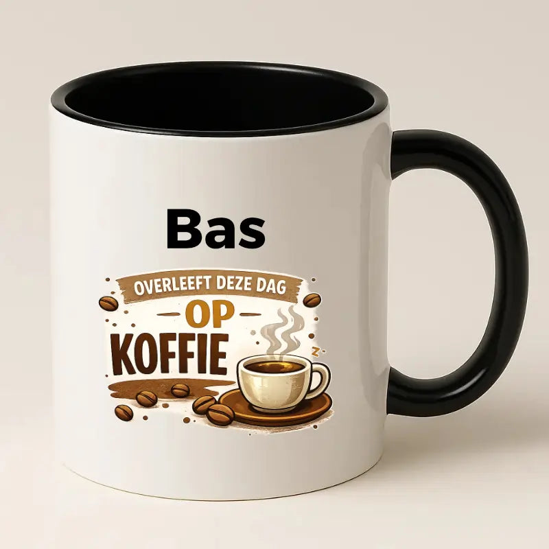 Grappige Koffiemok met Naam – (Naam) Overleeft deze dag op Koffie