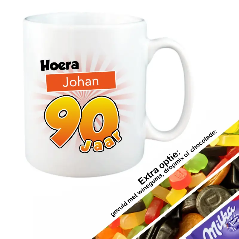 mok 90 jaar met naam gevuld met snoep