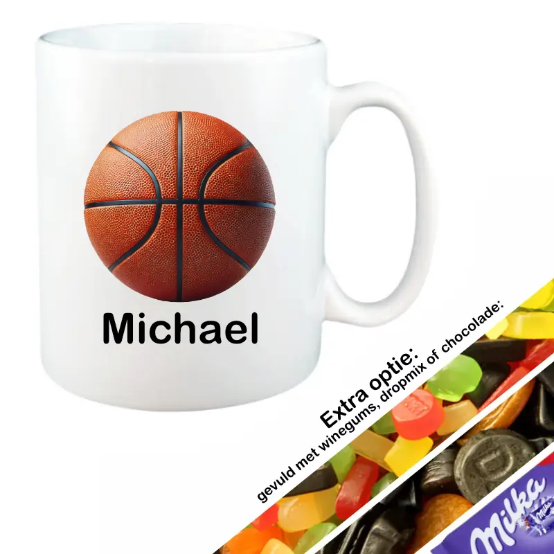 Basketbal mok met naam gevuld met snoep (wit)
