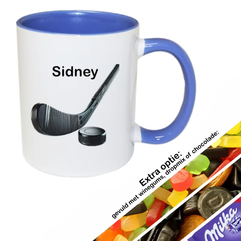 Hockey mok met naam gevuld met snoep (blauw)