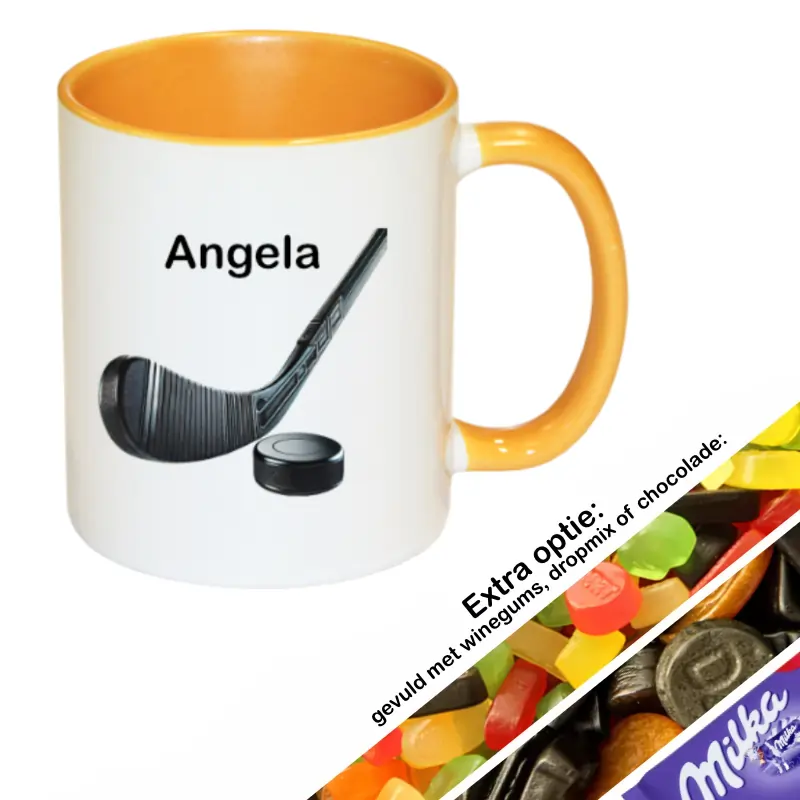 Hockey mok met naam gevuld met snoep (geel)