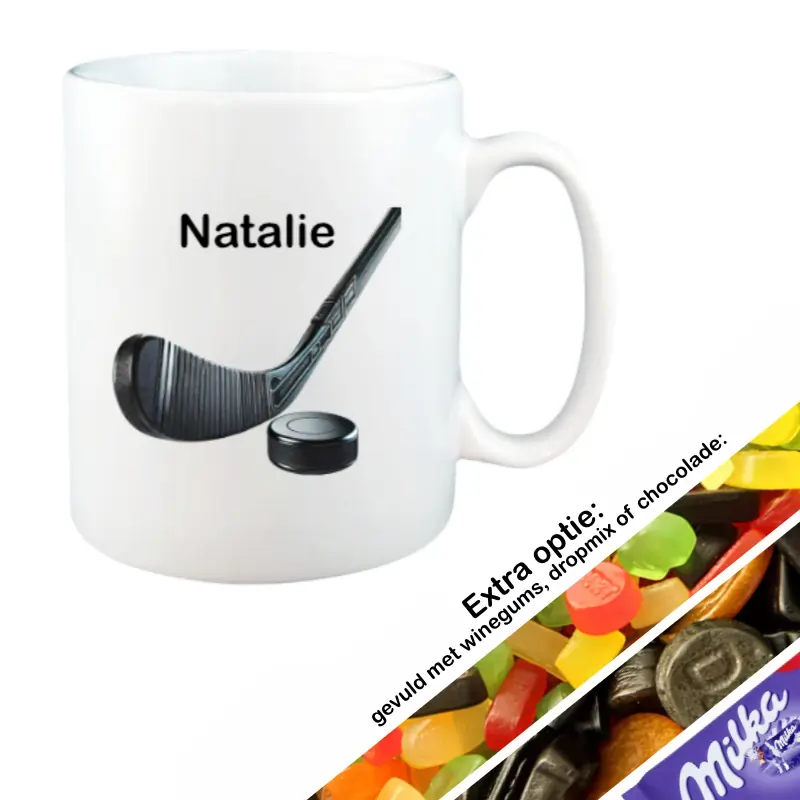 Hockey mok met naam gevuld met snoep