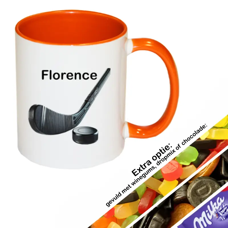 Hockey mok met naam gevuld met snoep (oranje)