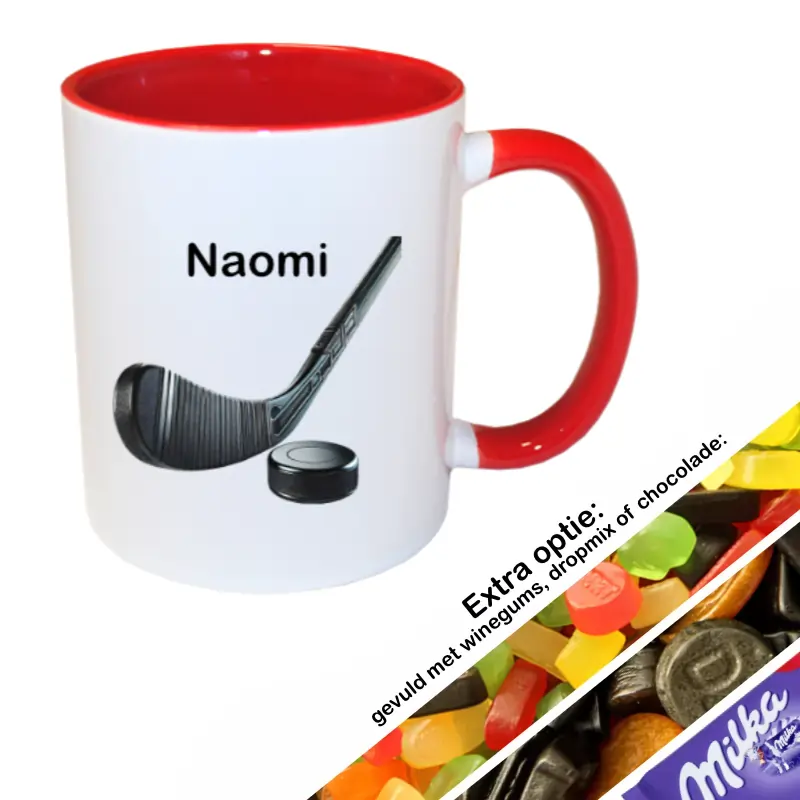 Hockey mok met naam gevuld met snoep (rood)
