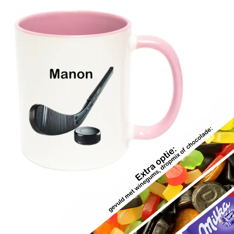 Hockey mok met naam gevuld met snoep (roze)