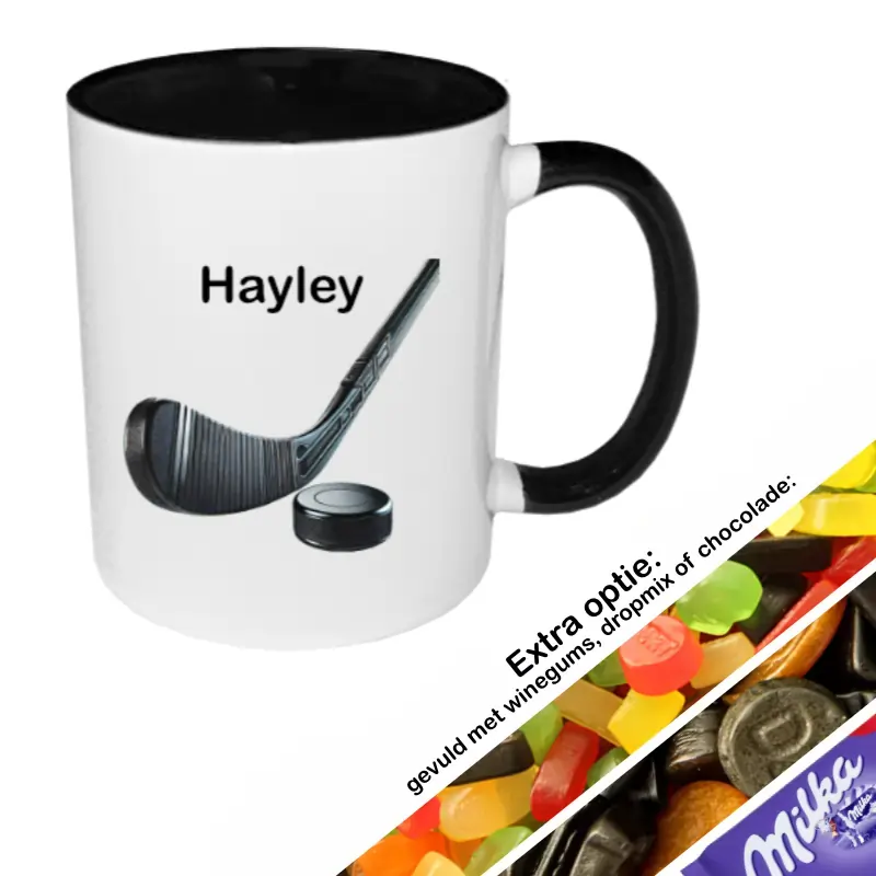 Hockey mok met naam gevuld met snoep (zwart)