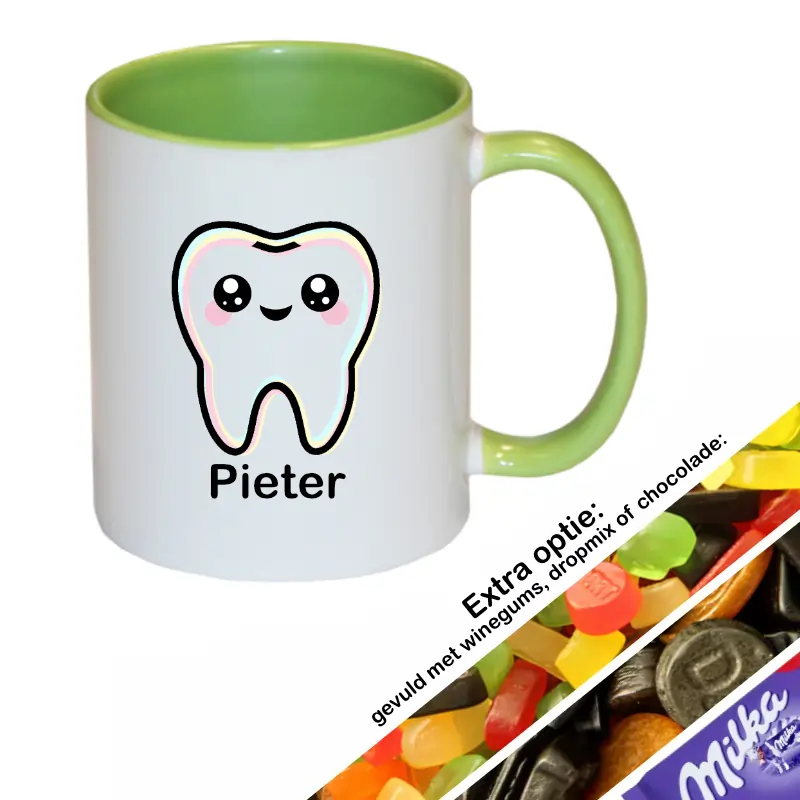 Tandarts mok met naam groen gevuld met snoep