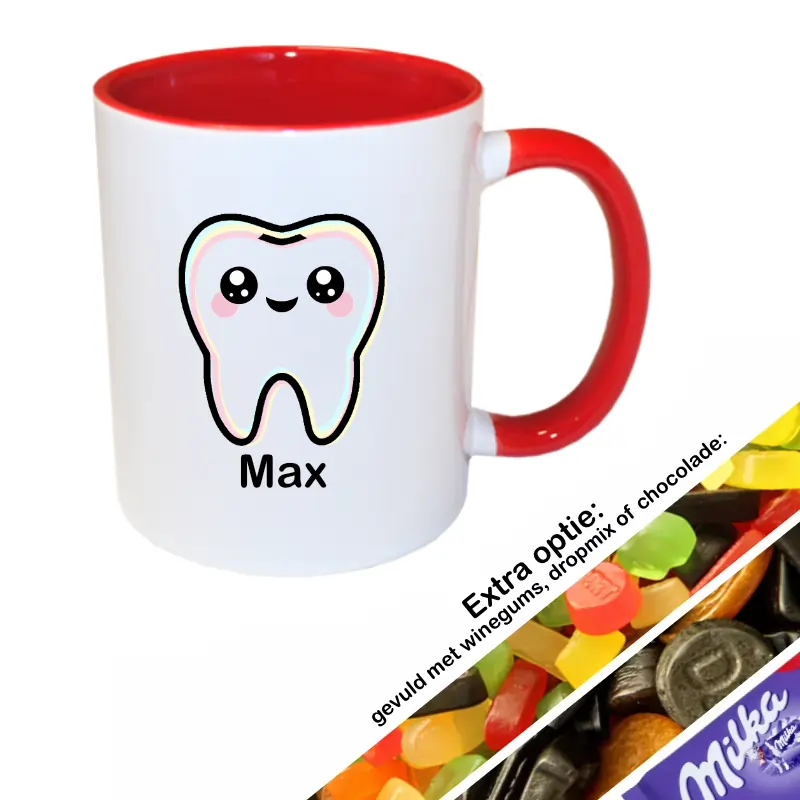 Tandarts mok met naam rood gevuld met snoep