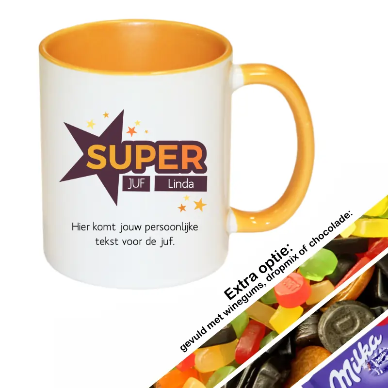 Superjuf mok met naam geel gevuld met snoep