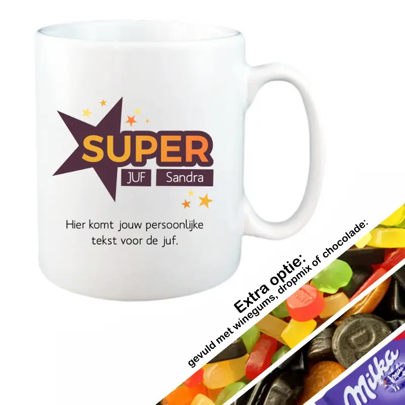 Cadeau superjuf mok met naam gevuld met snoep