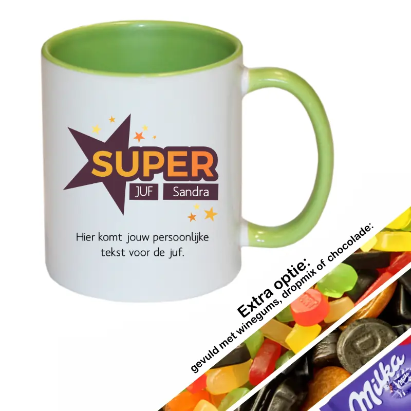 Super juf mok groen met naam en gevuld met snoep