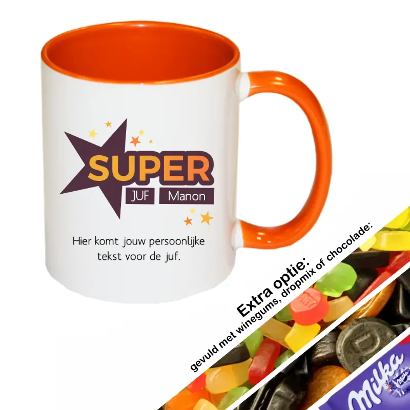 Oranje super juf mok met naam