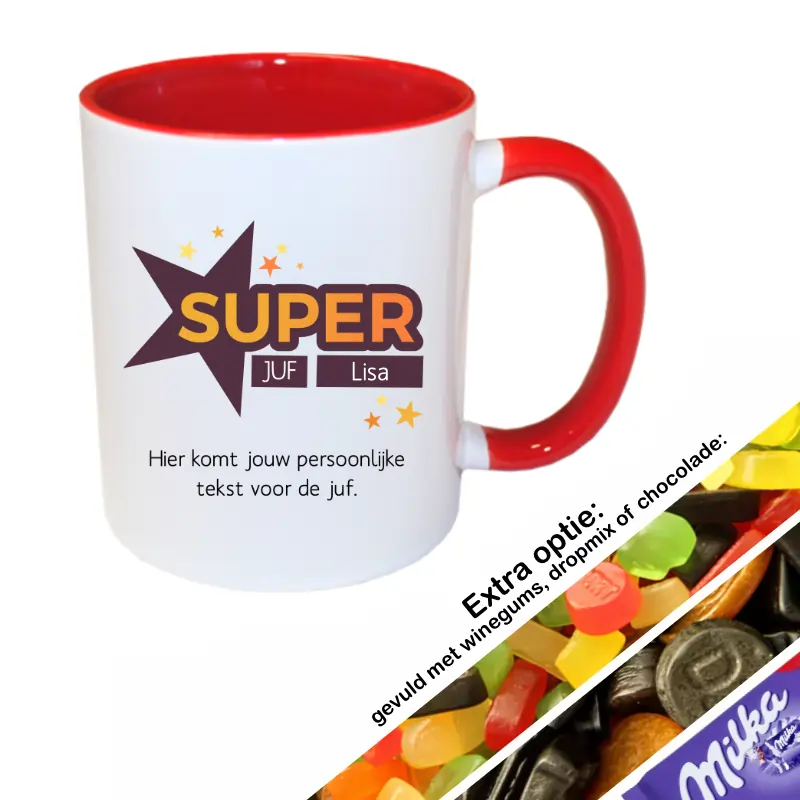 Rode super juf mok met naam gevuld met snoep