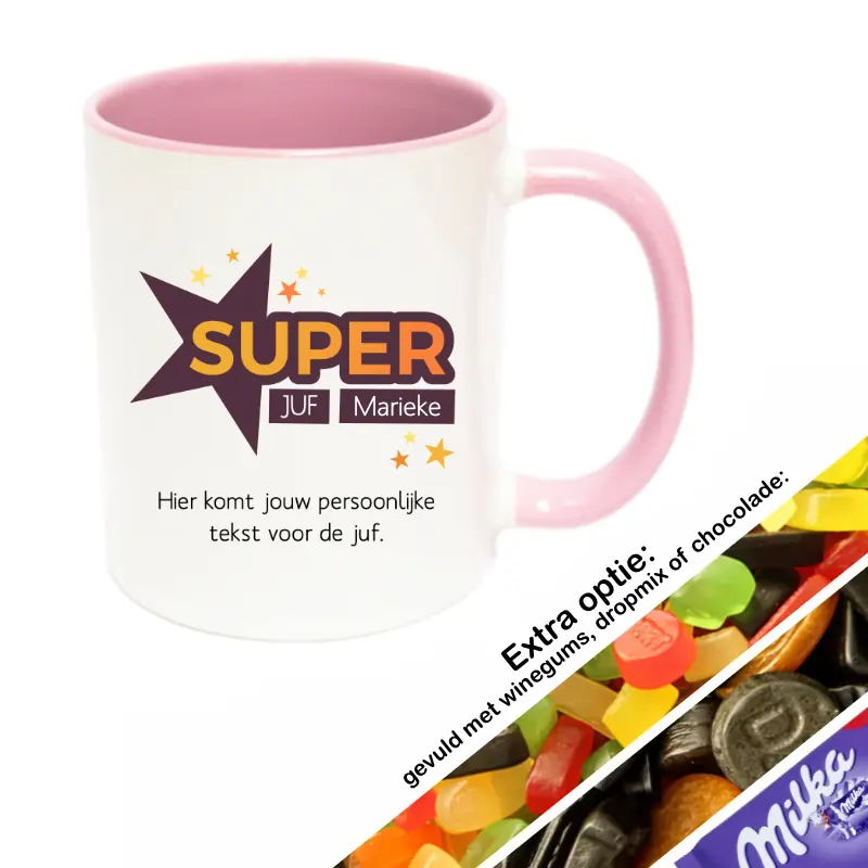 Roze super juf mok gevuld met snoep