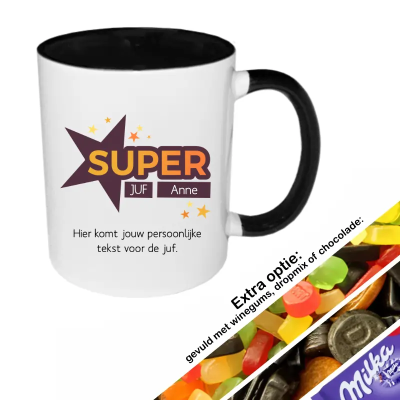 super juf mok met naam zwart gevuld met snoep