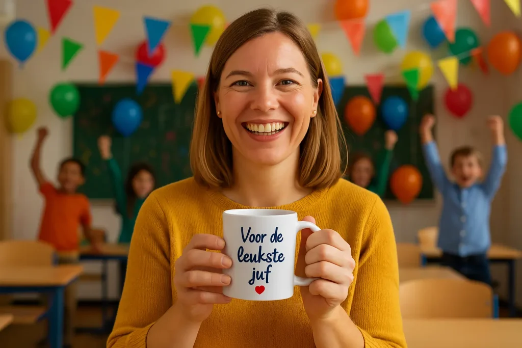 Mok met naam voor de juf – afscheidscadeau groep 8