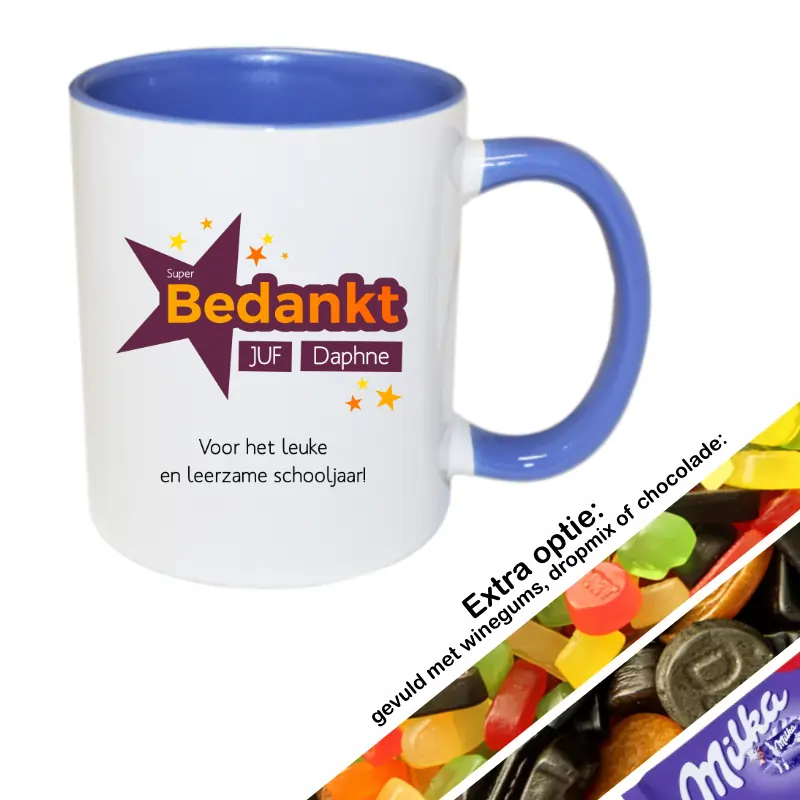 Super bedankt juf mok met naam gevuld met snoep