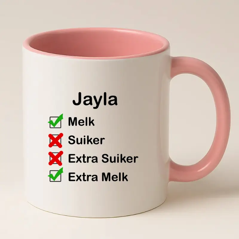 Checklist Koffiemok met naam roze