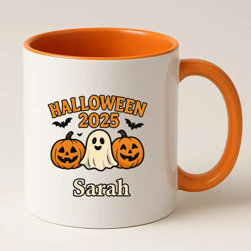 Halloween 2025 mok met naam oranje