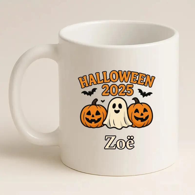 Achterkant Halloween 2025 mok met naam wit