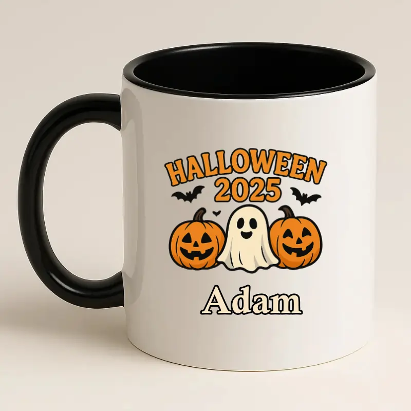 Achterkant Halloween 2025 mok met naam zwart