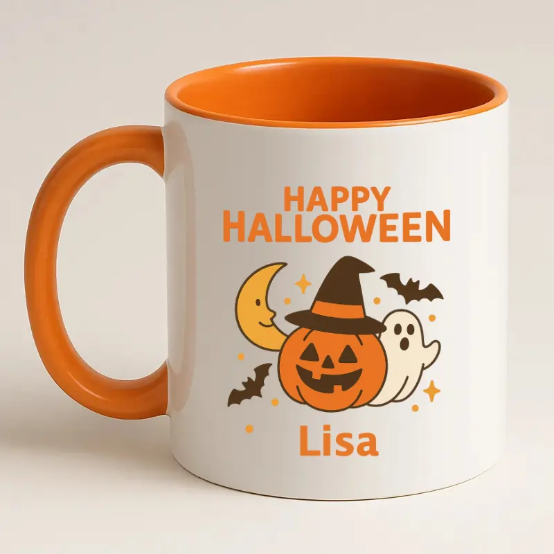 Happy halloween oranje mok met naam