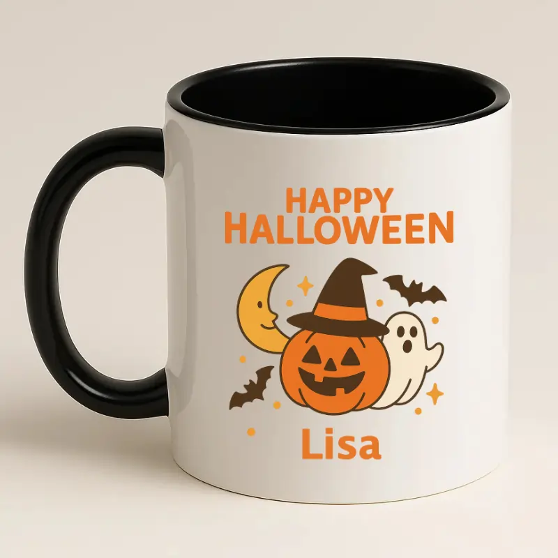 Happy Halloween mok zwart met naam achterkant