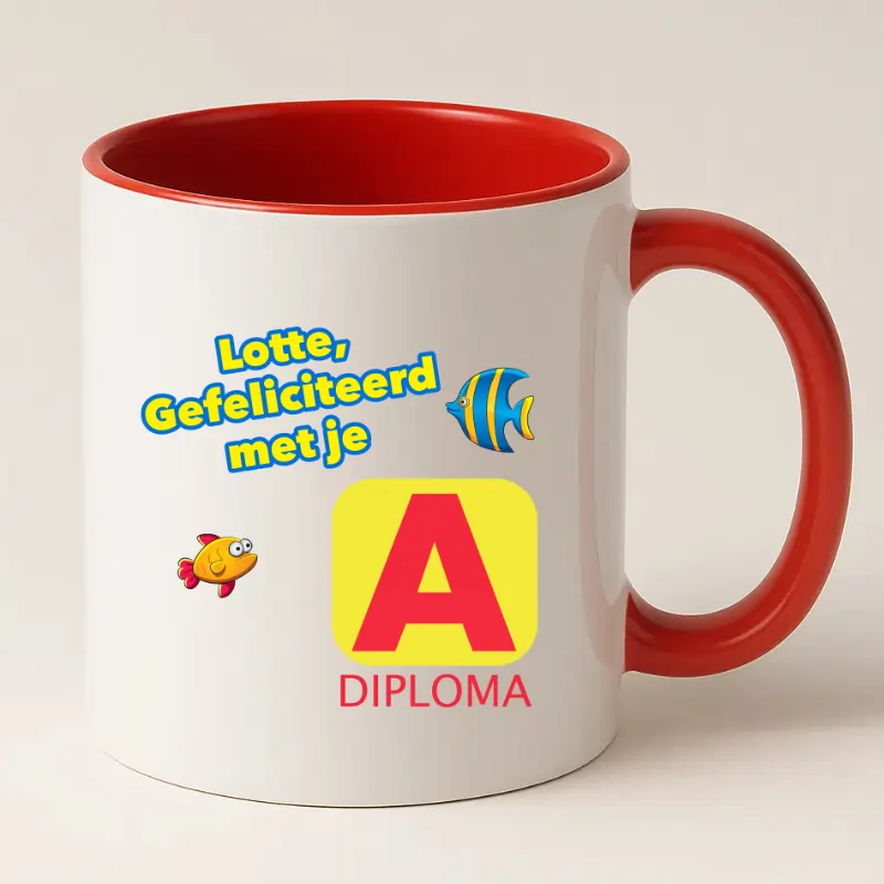 Zwemdiploma a mok met naam rood