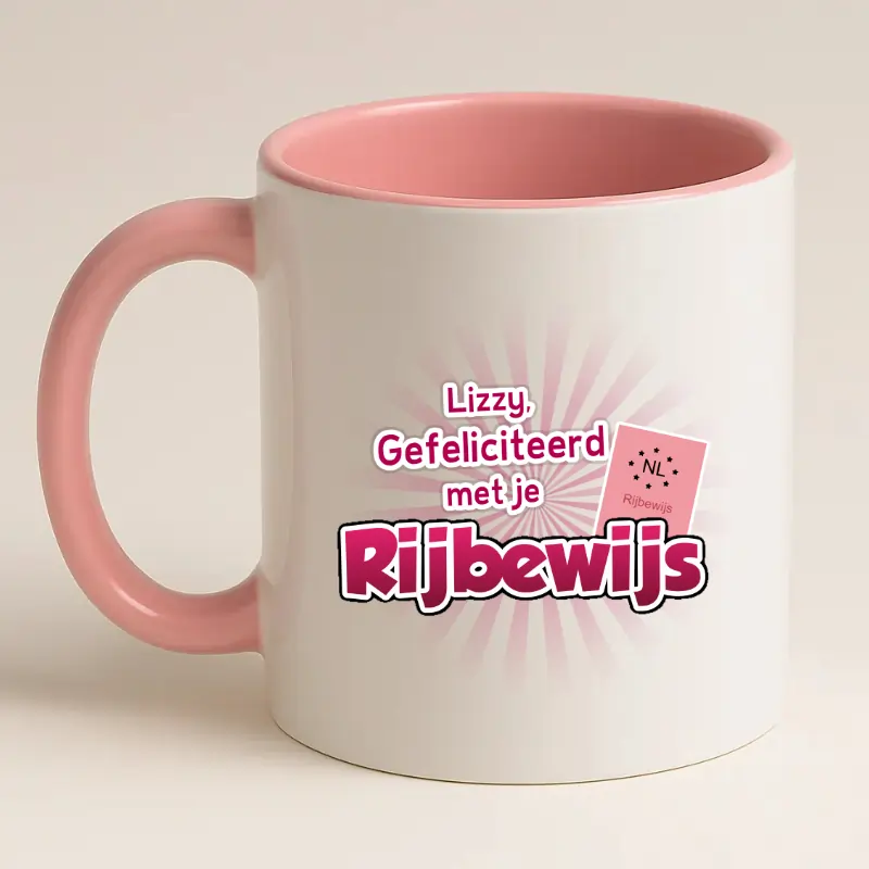 Rijbewijs cadeau mok roze achterkant