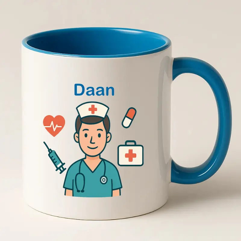 Blauwe verpleger mok met naam