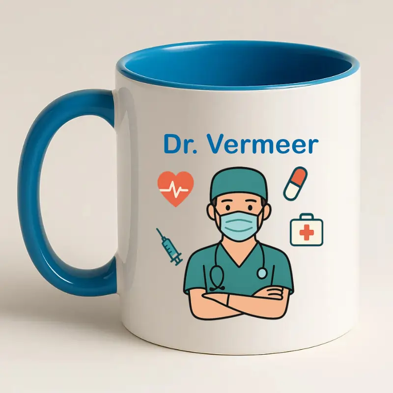 Arts mok met naam (blauw) achterkant