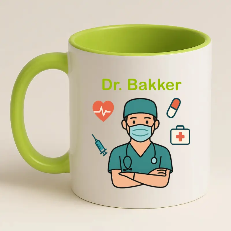 Arts mok met naam (groen) achterkant