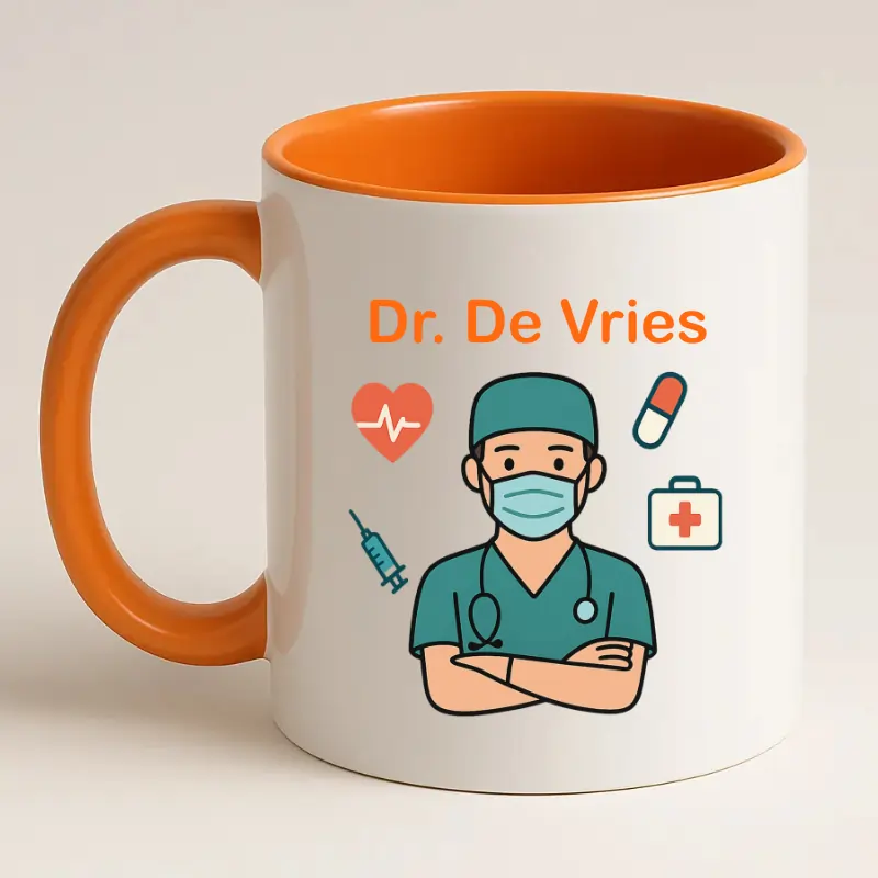 Arts mok met naam (oranje) achterkant