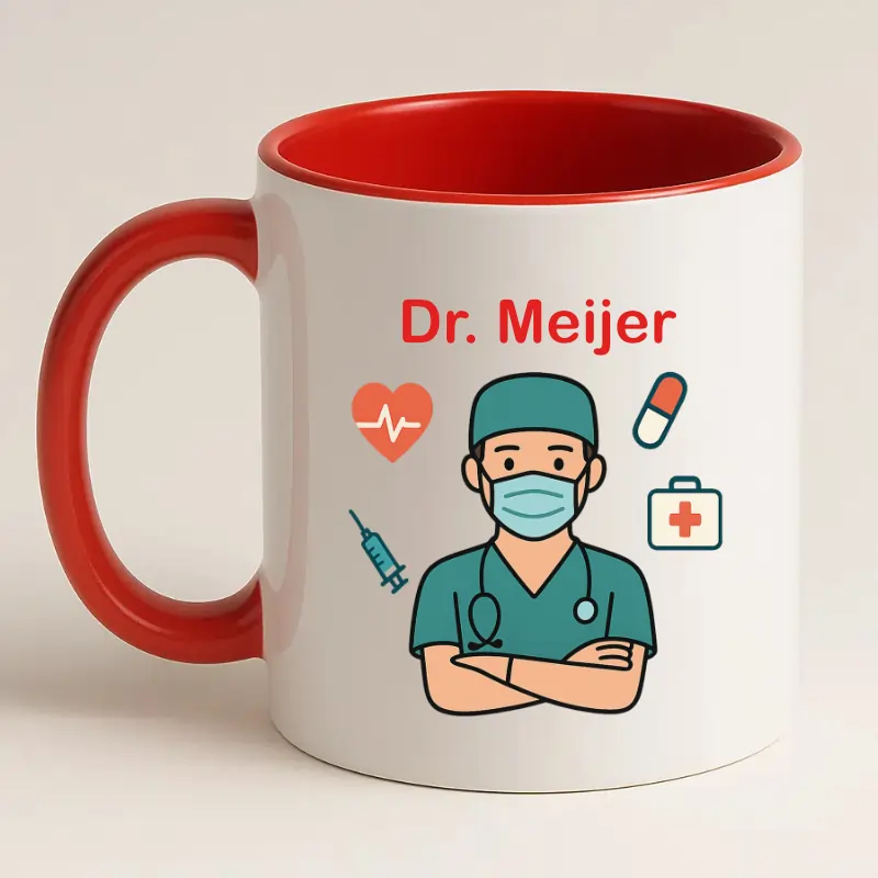 Arts mok met naam (rood) achterkant