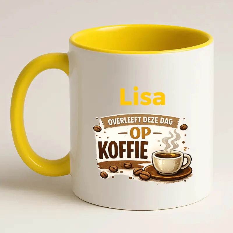 (naam) Overleeft deze dag op koffie mok geel achterkant