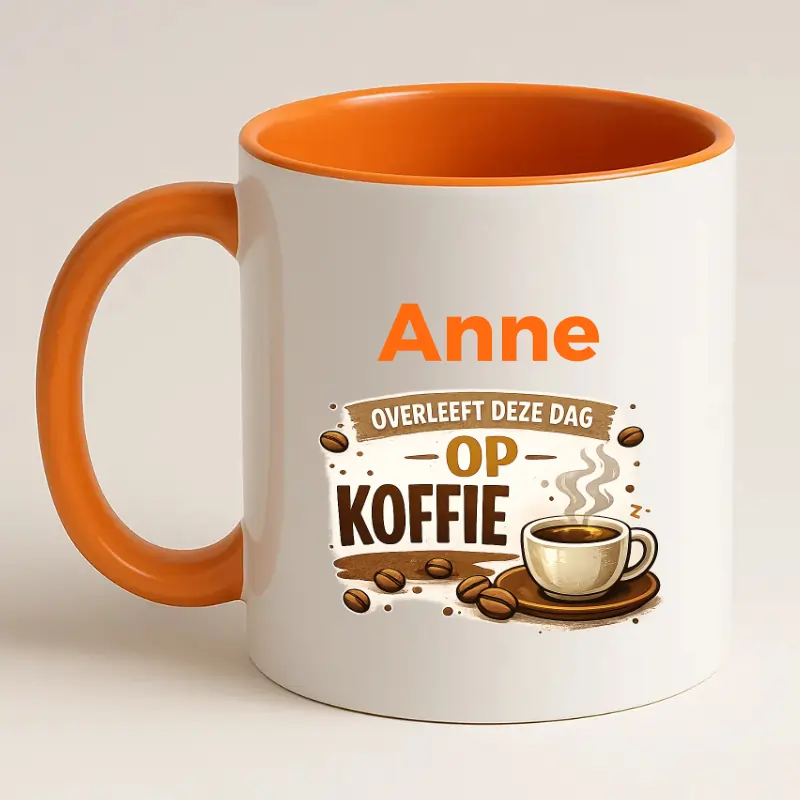 (naam) Overleeft deze dag op koffie mok oranje achterkant