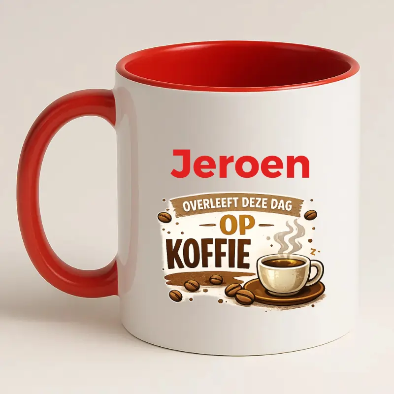 (naam) Overleeft deze dag op koffie mok rood achterkant
