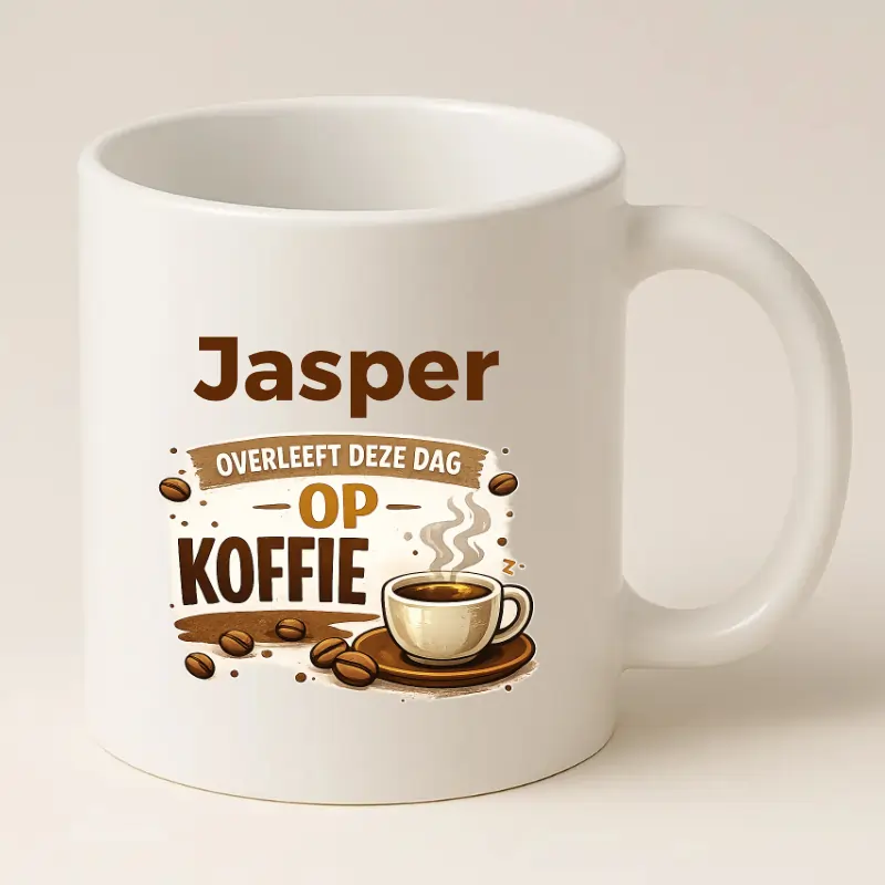 Gepersonaliseerde Grappige Koffiemok met Naam – (Naam) Overleeft deze dag op Koffie