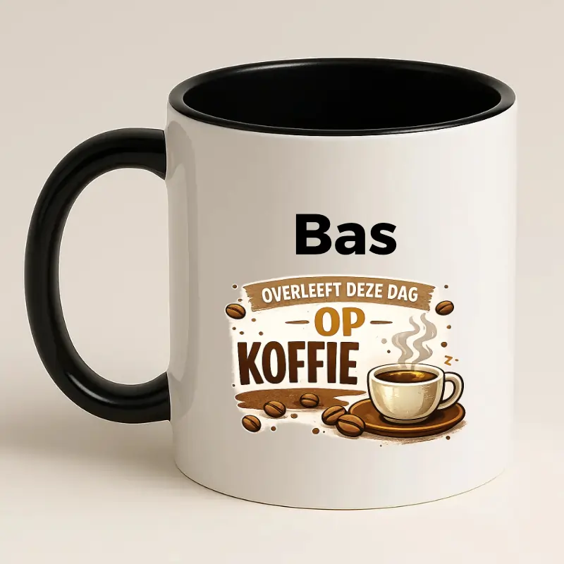 (naam) Overleeft deze dag op koffie mok zwart achterkant