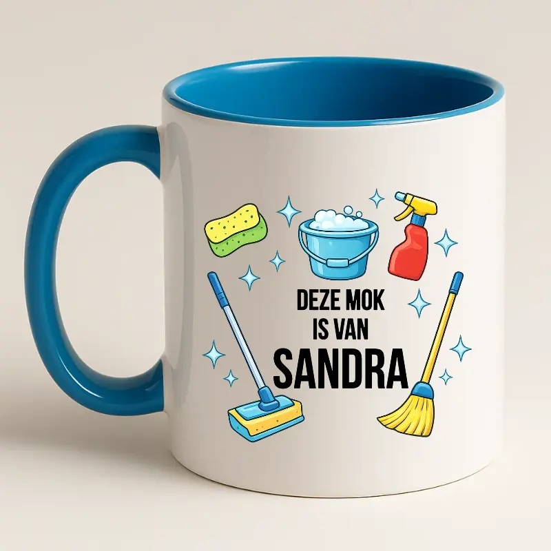Schoonmaak mok met naam (blauw) achterkant