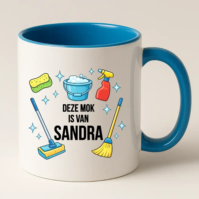 Schoonmaak mok met naam (blauw)