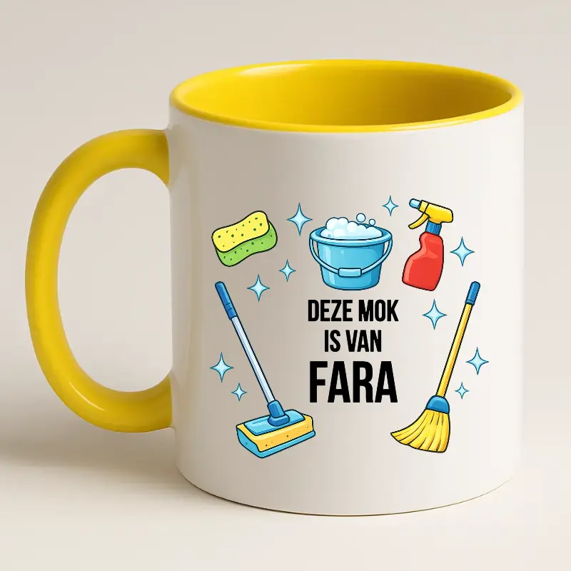 Schoonmaak mok met naam (geel) achterkant