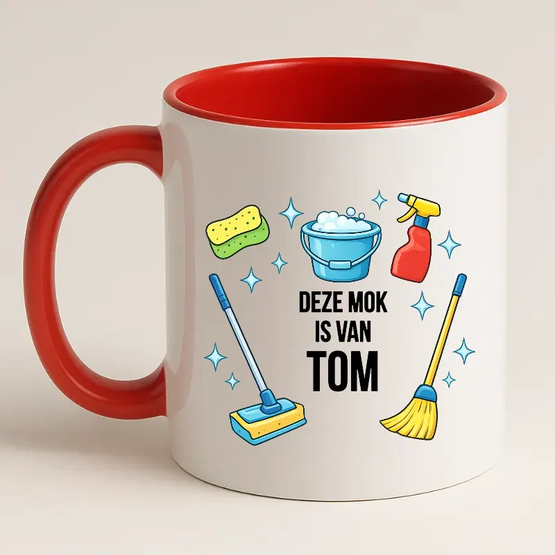 Schoonmaak mok met naam (rood) achterkant