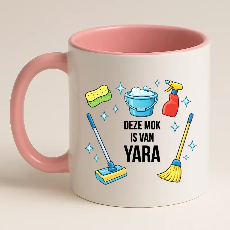 Schoonmaak mok met naam (roze) achterkant